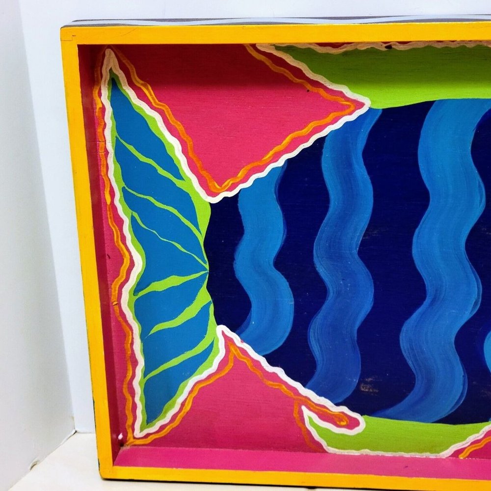 Tropical Bright Fish Handpainted Wooden Tray Signed By Artist 1993 Vintage OOAK - Picture 3 of 12